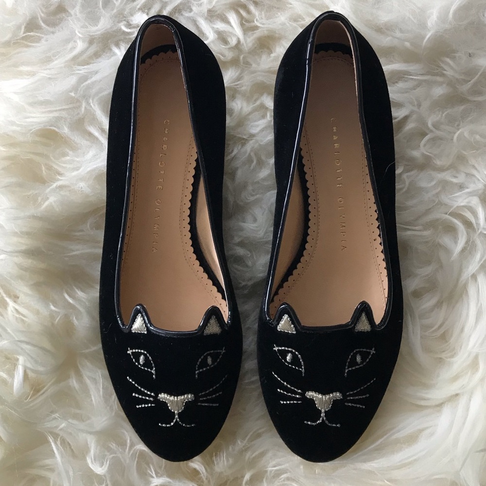 Charlotte Olympia | Black velvet Kitty flats | 37